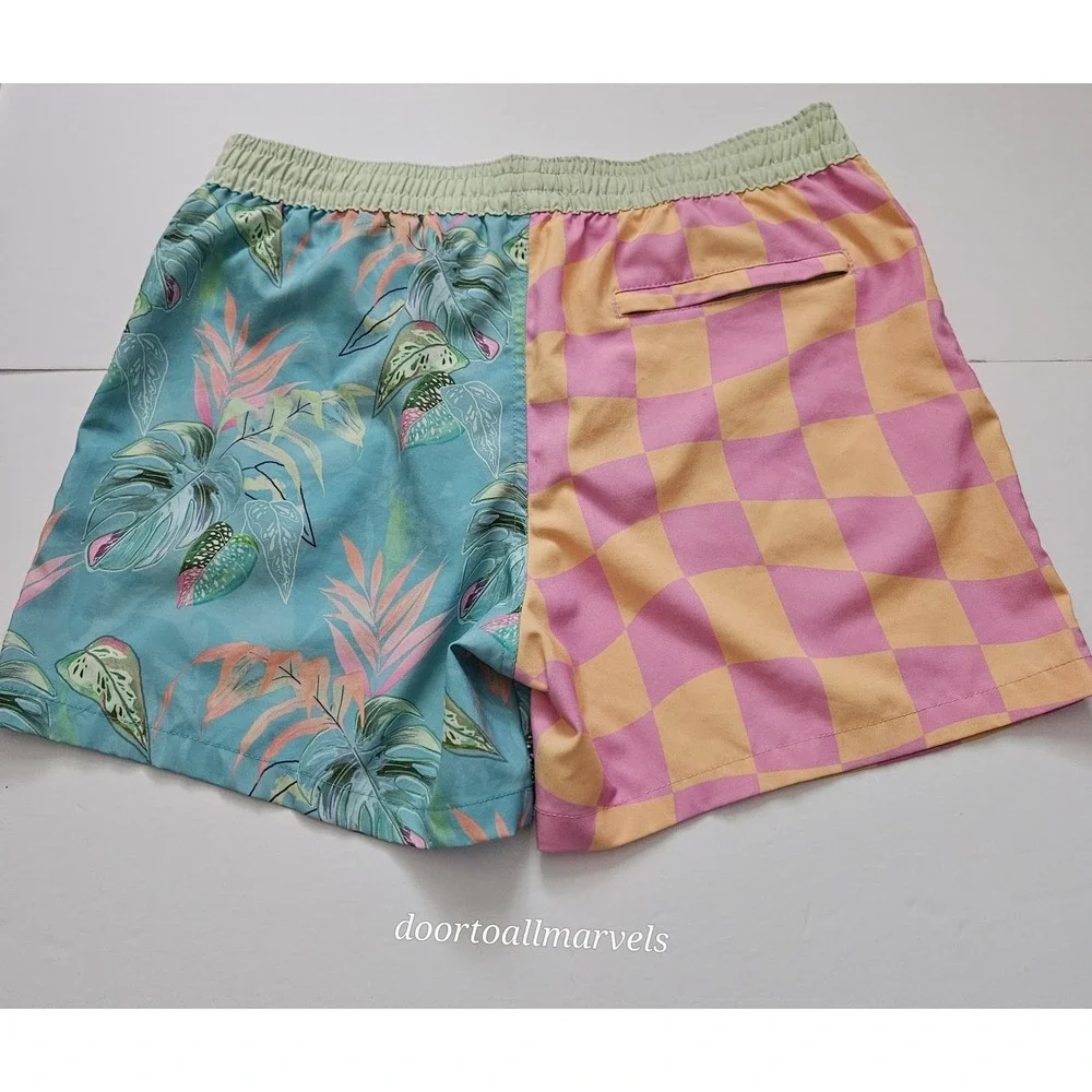 Duvin Design Co Men Swim Trunks sz L Split Checkerboard Tropical Floral Shorts